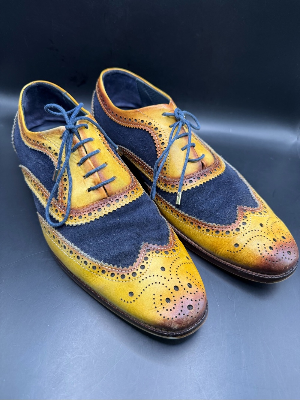Lethato Wingtip Brogue Men's Two-Tone Brogue Oxfords - Yellow/Navy, Size:10.5/11
